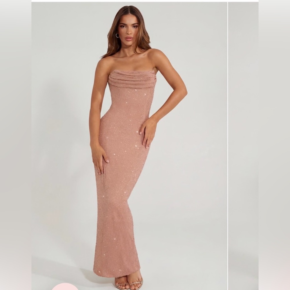 Oh Polly Strapless Sequin Gown in Blush Rose
